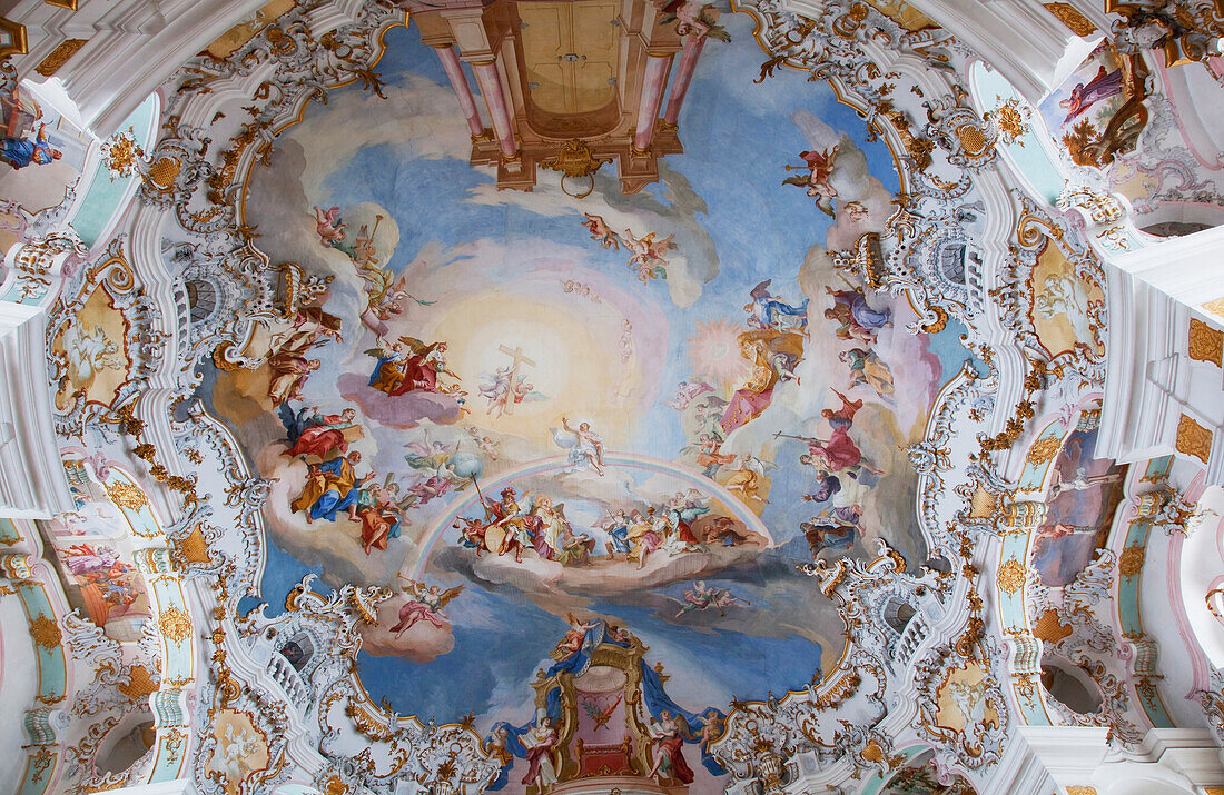 'Ornate colourful painted ceiling of a Pilgrimage Church; Wies, Bayern, Germany'