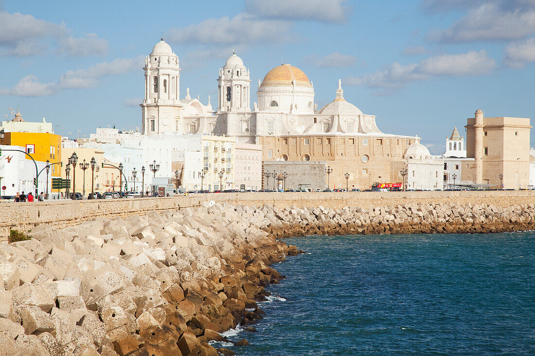 'Cathedral and rugged waterfront; Cadiz, Andalusia, Spain'
