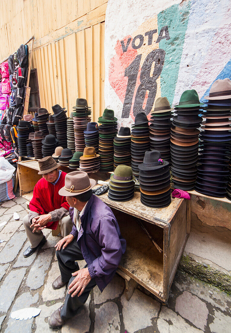 Hat vendor at the Thursday market, Guamote, Chimborazo, Ecuador