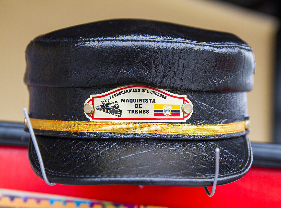 Ecuadorian Railways souvenir cap at Chimbacalle Railway Station, Quito, Pichincha, Ecuador