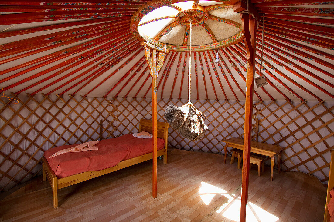 Rock hanging of the crown in the interior of a Mongolian Ger (yurt) tourist accommodation at the Gobi Tour Ger Camp, Bayanzag, South Gobi Province, Mongolia