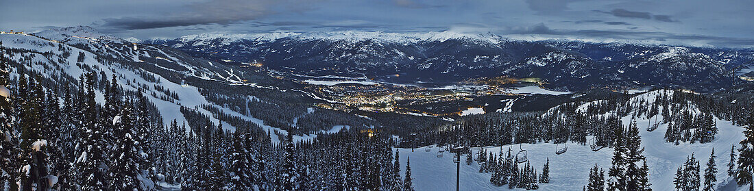 'Whistler Village from Blackcomb Mountain at night; Whistler, British Columbia, Canada'