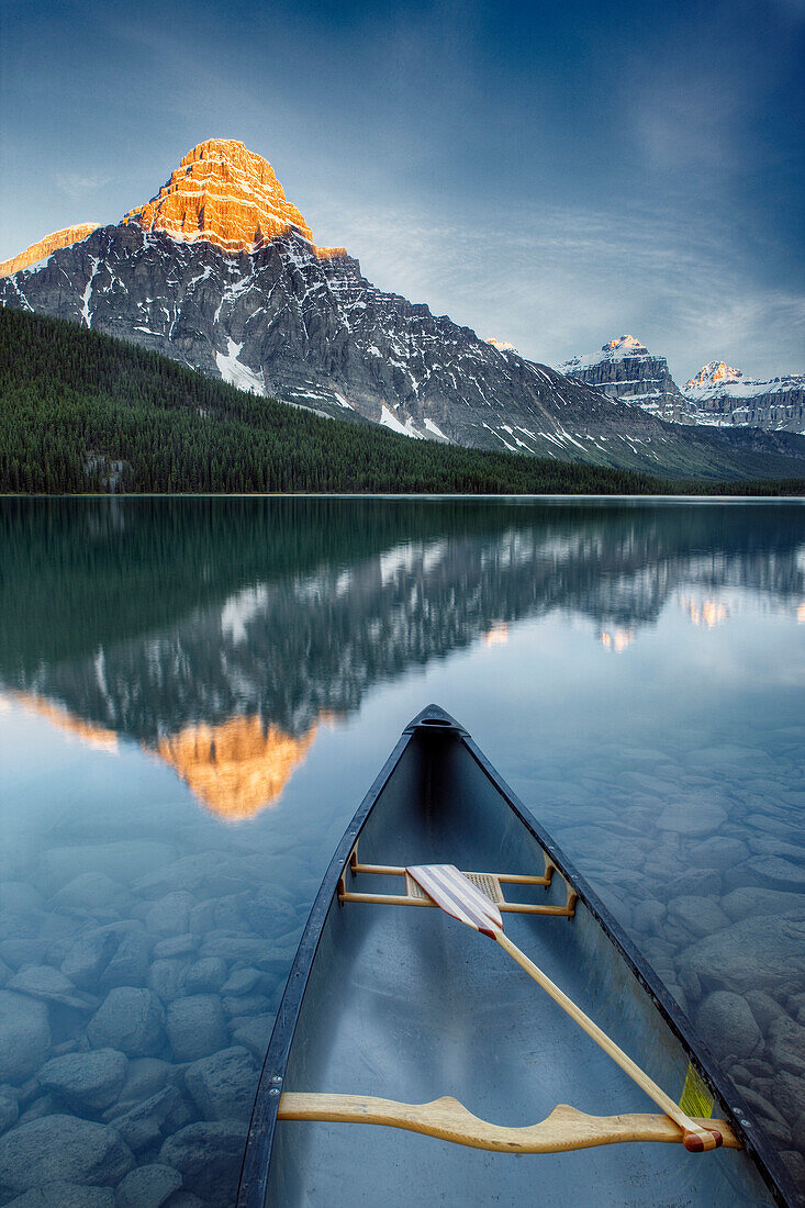 Canoe At Lower Waterfowl Lake With Mount Chephren In The Background, Banff National Park, Alberta