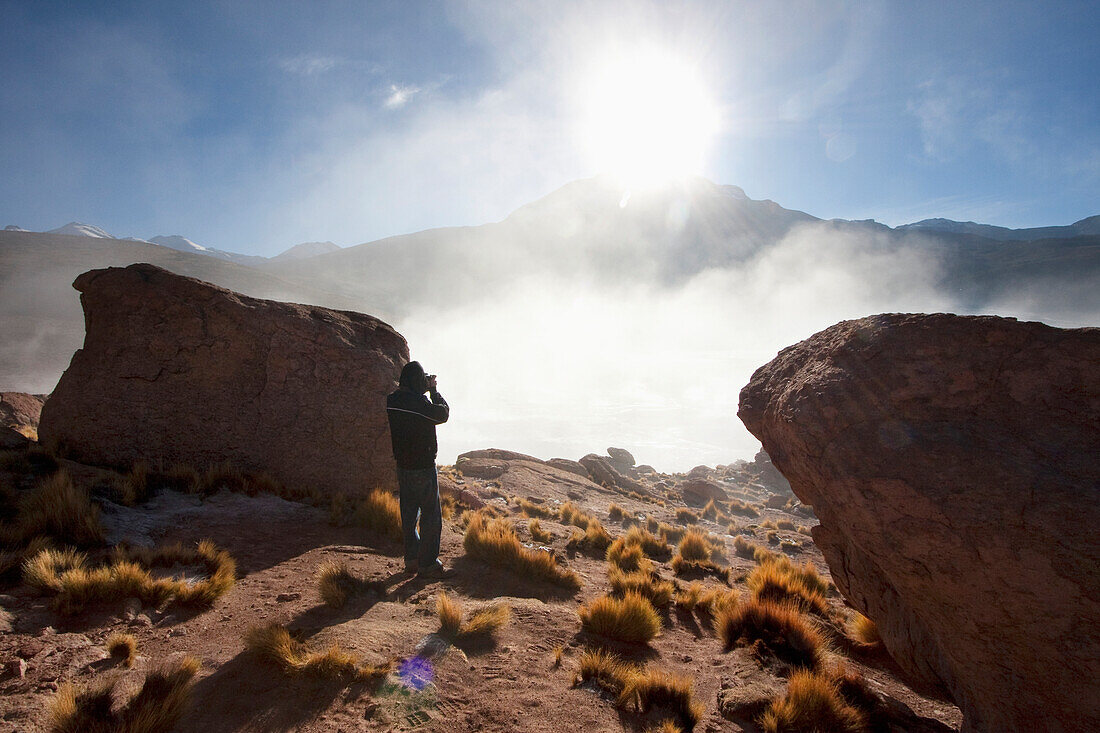 Rocks & El Tatio Geysers Covered By Fog At Dawn, Antofagasta Region, Chile