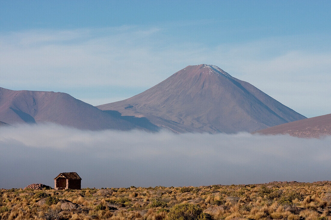 Cerro Michincha & Salar De Alconcha Salt Pan Covered By Fog, Antofagasta Region, Chile