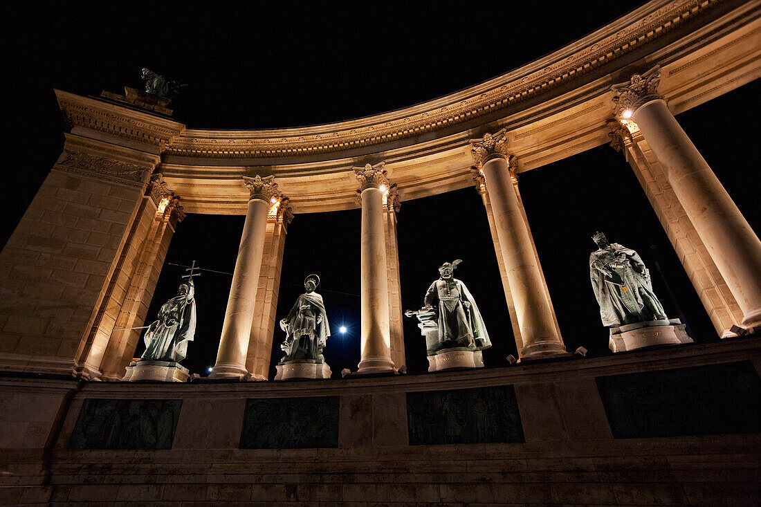 Statues Of Hungarian Kings On Heroes' Square At Night, Budapest, Hungary
