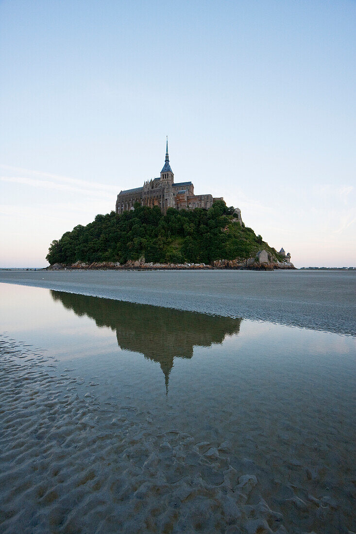 Mont-Saint-Michel And Mudflats In The Bay At Dusk, As Seen From The North, France