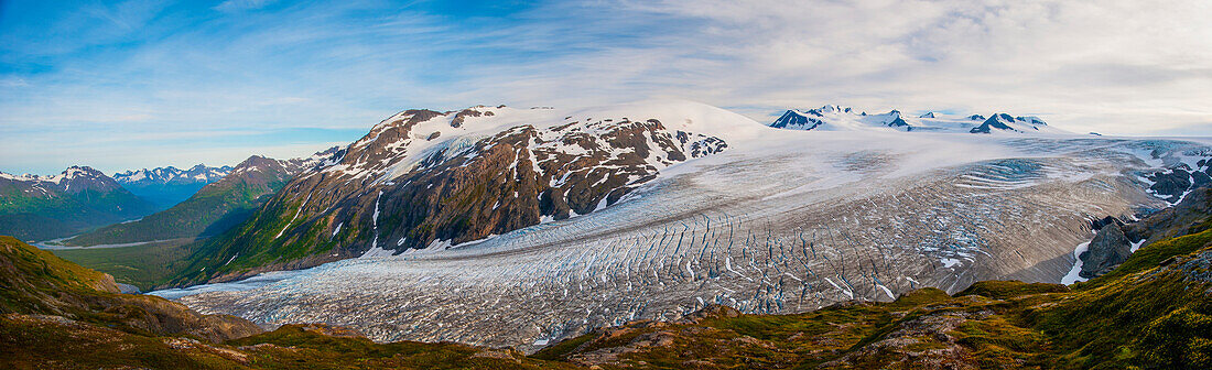 Panorama scenic of Exit Glacier and the Harding Icefield, Kenai Fjords National Park, Southcentral Alaska