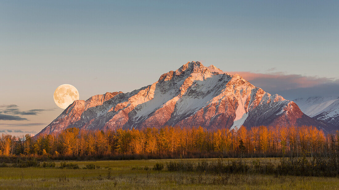 COMPOSITE: Scenic sunset view of Pioneer Peak with the full moon rising over the Palmer Hay Flats, Southcentral Alaska, Autumn.
