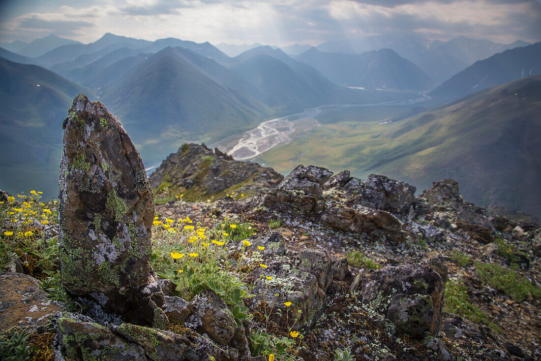 Smoke from forest fires creates haze in the air over the Kongakut River in the Arctic National Wildlife Refuge as seen from a mountaintop, Alaska, USA.