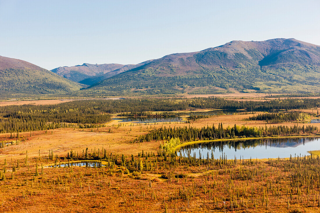 Aerial view of Cosmos Mountain and surrounding lakes and wetlands, Shungnak, Arctic Alaska, Autumn