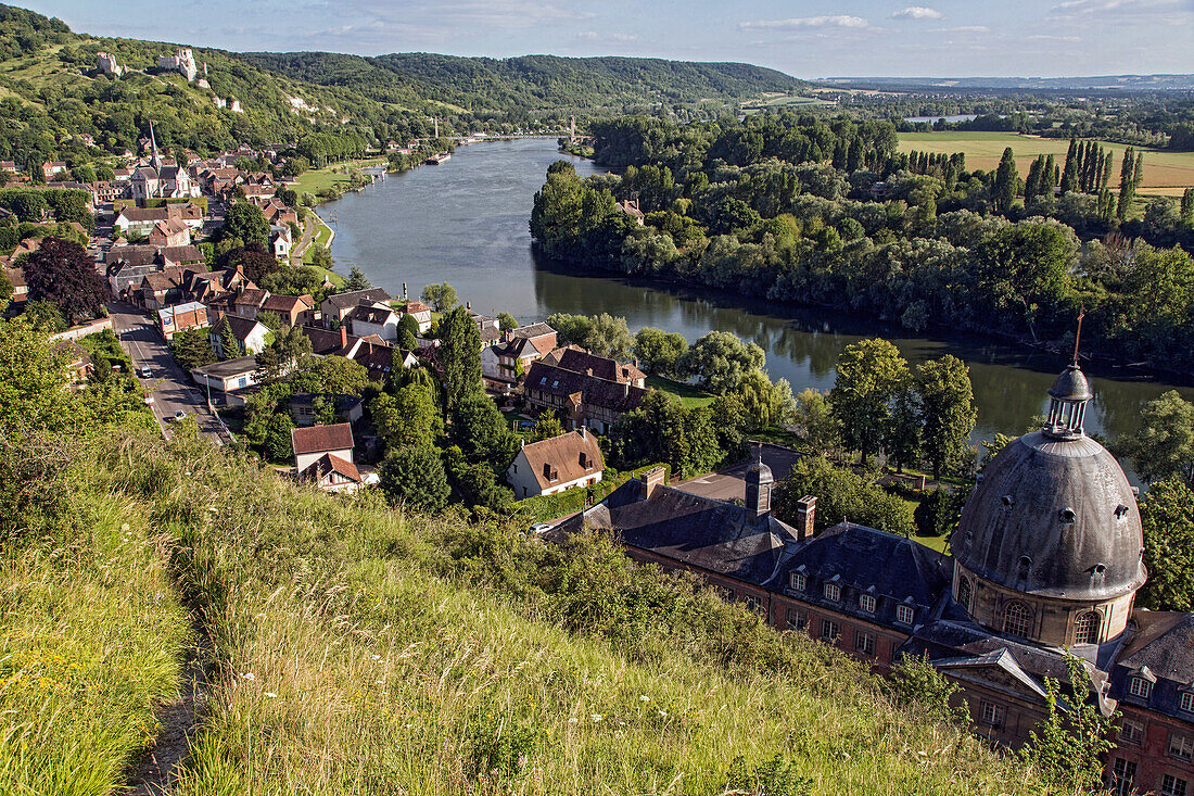 panorama of the mont pivin on the gr2 walking trail with the seine, the village of le petit andely and chateau gaillard, les andelys, eure (27), normandy, france
