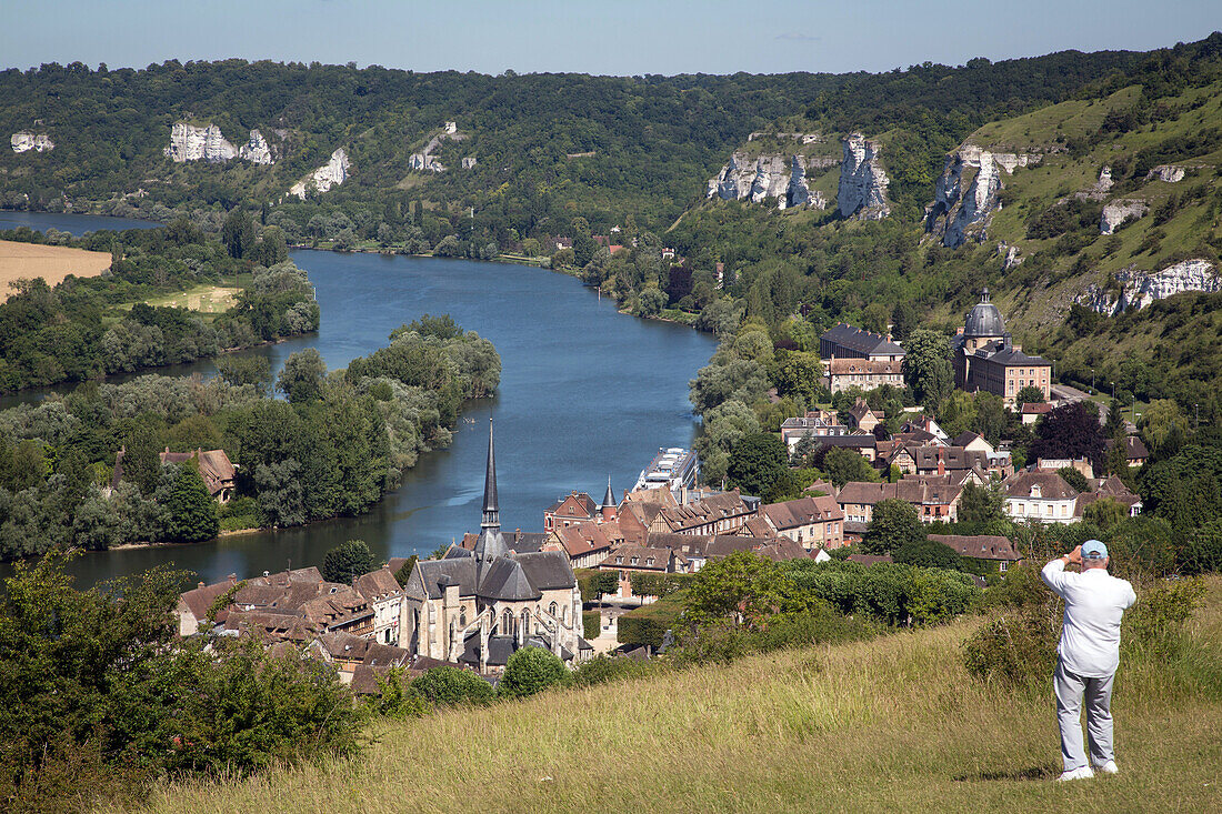 panorama of chateau gaillard on the seine, the white chalk cliffs and the village of le petit andely, les andelys, eure (27), normandy, france