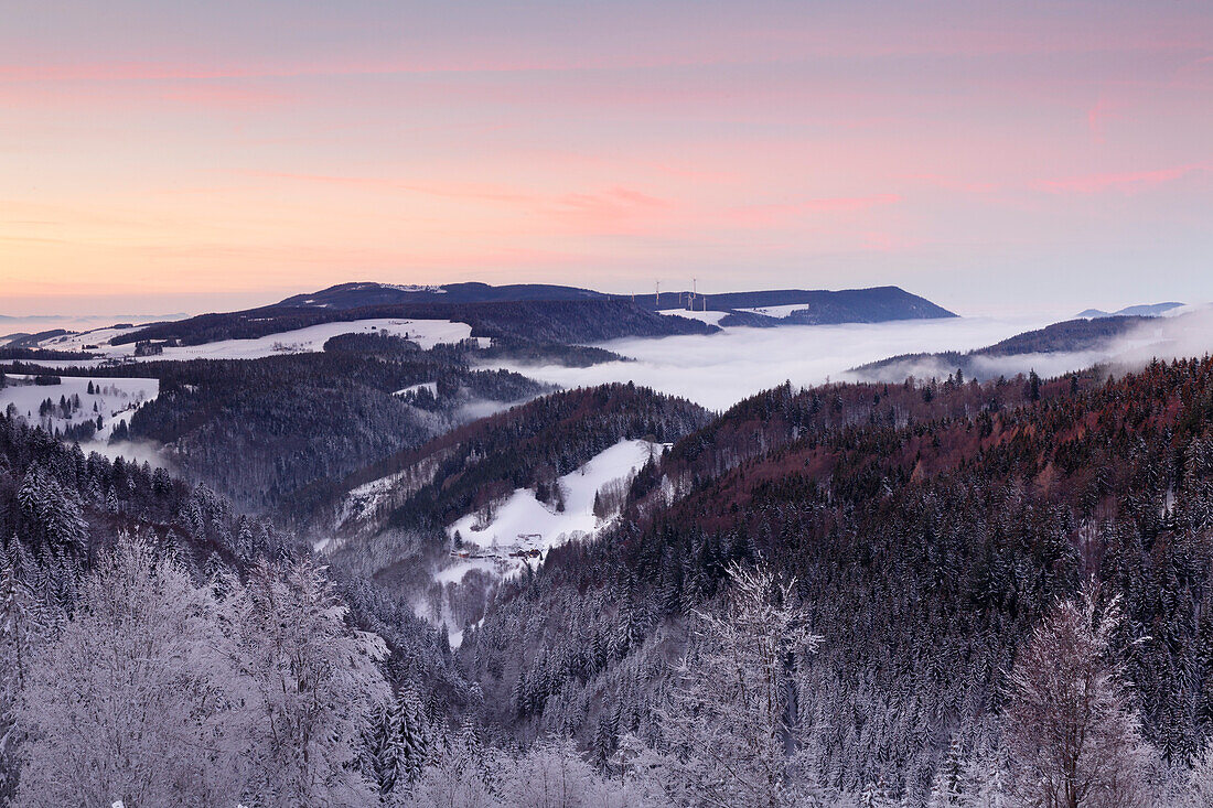 View from Black Forest Highway to Simonswaelder Tal Valley at sunset, Black Forest, Baden-Wurttemberg, Germany, Europe