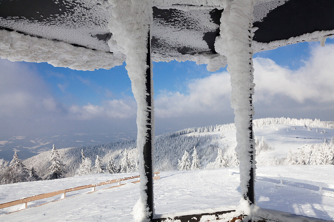 Hut at the peak of Kandel Mountain in winter, Black Forest, Baden-Wurttemberg, Germany, Europe
