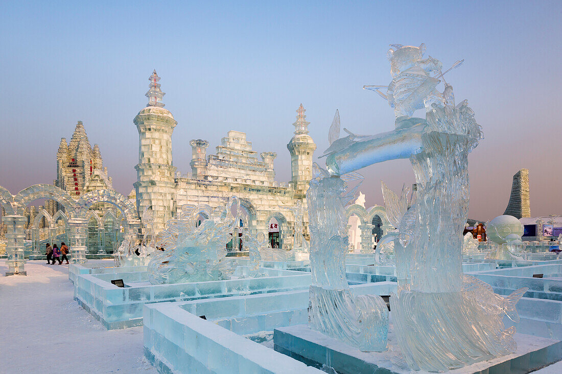 Spectacular ice sculptures at the Harbin Ice and Snow Festival in Harbin, Heilongjiang Province, China, Asia