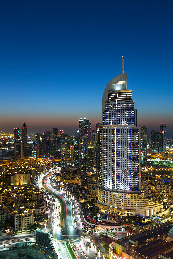 Dubai Mall, elevated dusk view over the Address and city skyline, Dubai, United Arab Emirates, Middle East
