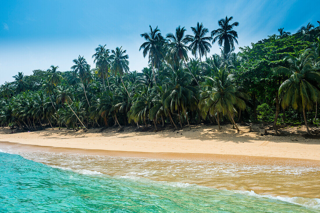 Remote tropical beach on the UNESCO Biosphere Reserve Principe, Sao Tome and Principe, Atlantic Ocean, Africa
