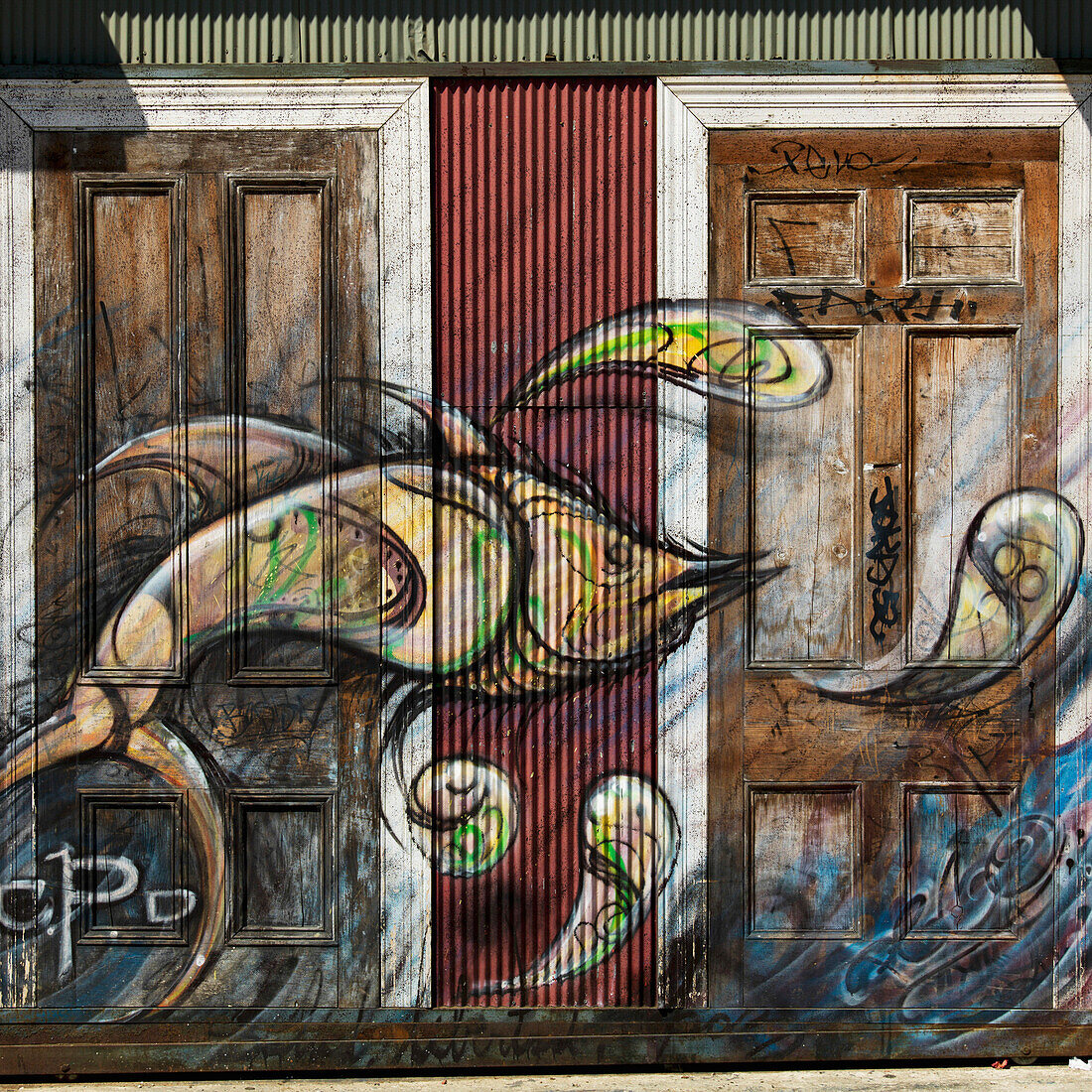 Colourful painted fish and water droplets across residential doorways, Valparaiso, Chile