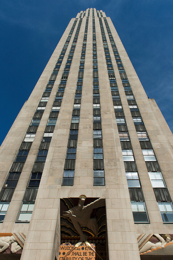 Rockefeller Centre against a blue sky, New York City, New York, United States of America