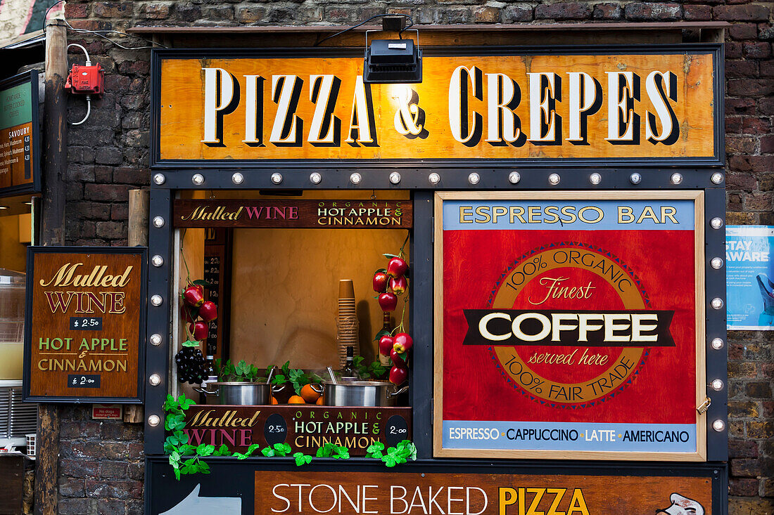 Pizza and crepes at Camden Market, London, England