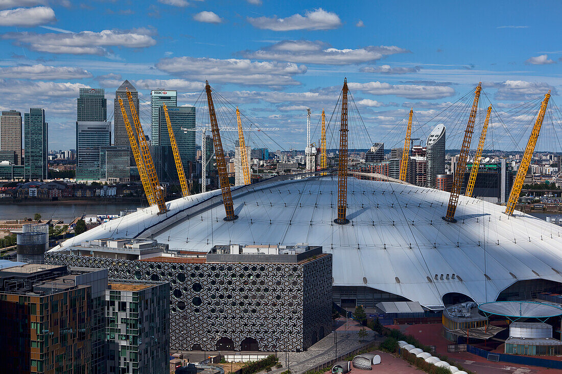 Elevated view of the O2 arena and Canary Wharf, London, England