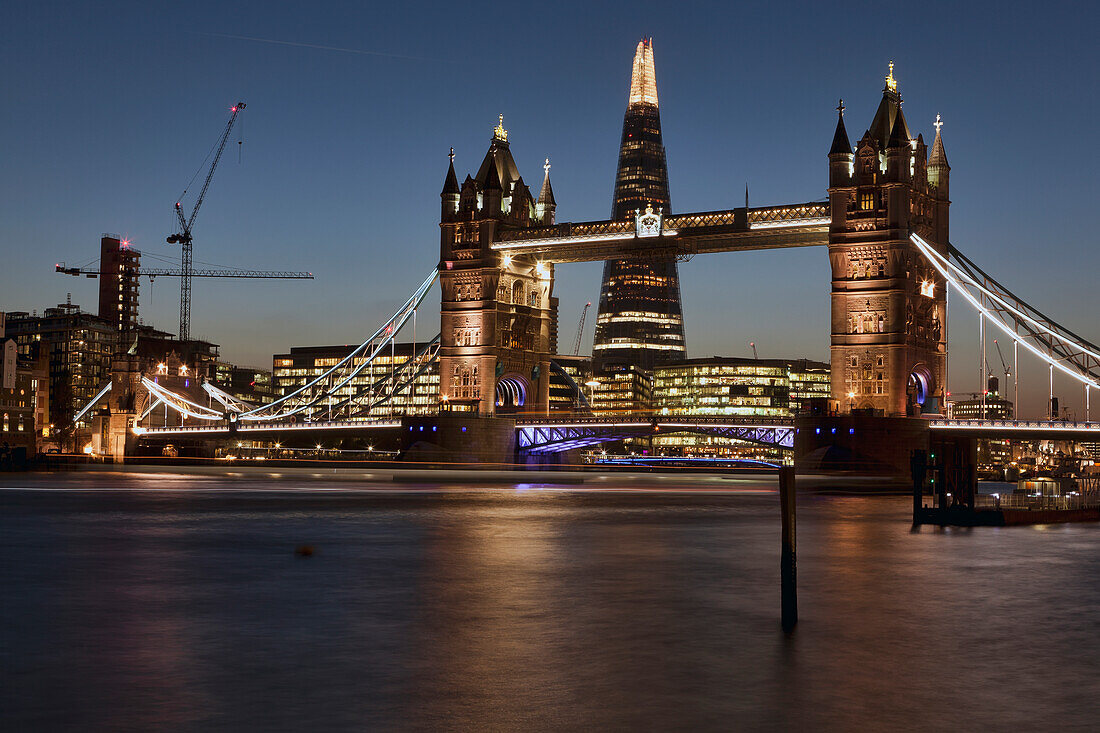 Evening view of Tower Bridge, the River Thames and the Shard building, London, England