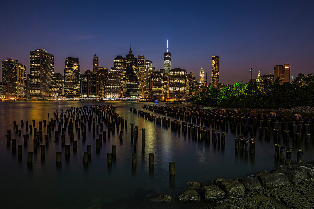 Manhattan skyline at twilight, Brooklyn Bridge Park, Brooklyn, New York City, New York, United States of America