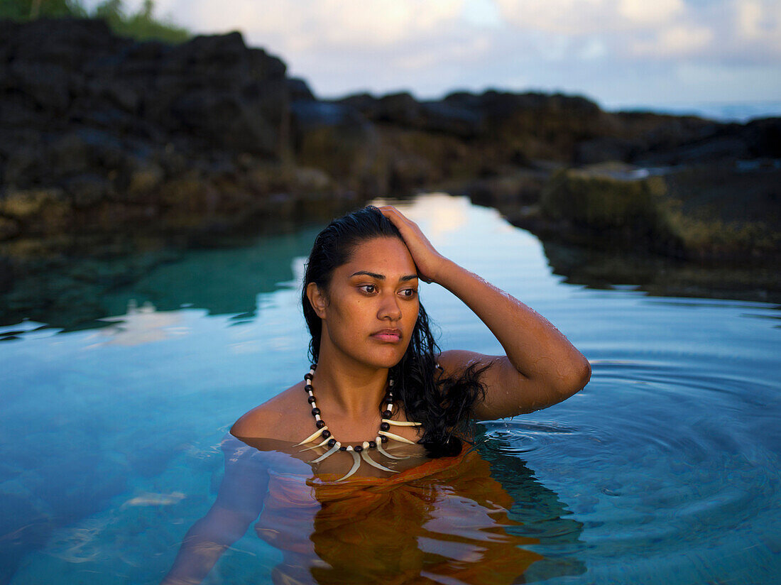 Young Samoan woman bathing, Samoa