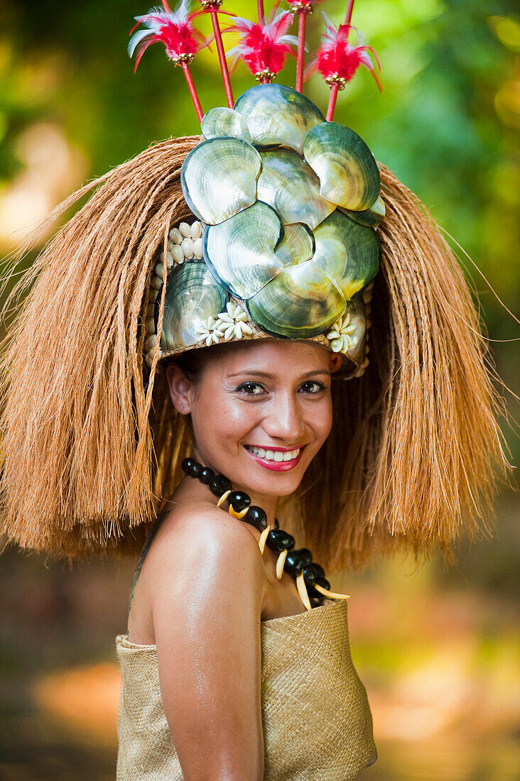 Traditional headress worn by young Samoan woman, Upulu Island, Samoa
