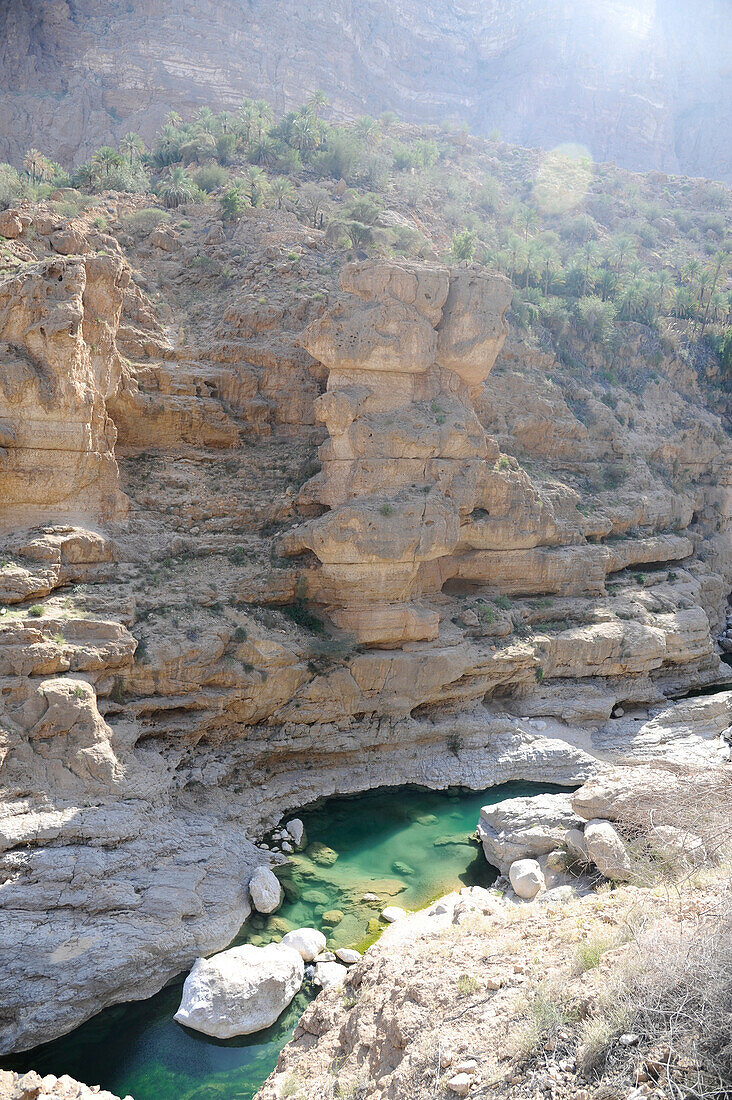 Sultanate of Oman Wadi TIWI very deep canyon and his emerald green river