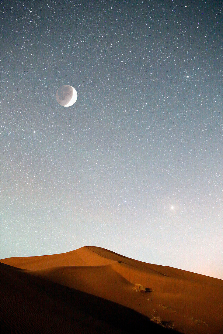 Morocco, Draa Valley, Tinfou, Tinfou dunes, Dunes in the Milky Way starry sky, Crescent moon