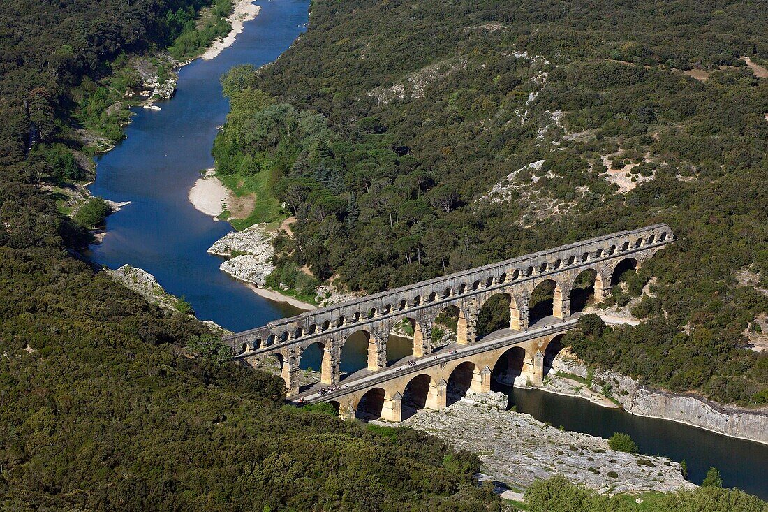 France, Gard (30), Roman Aqueduct Pont-rated Grand Site de France, World Heritage of Unesco (aerial photo)