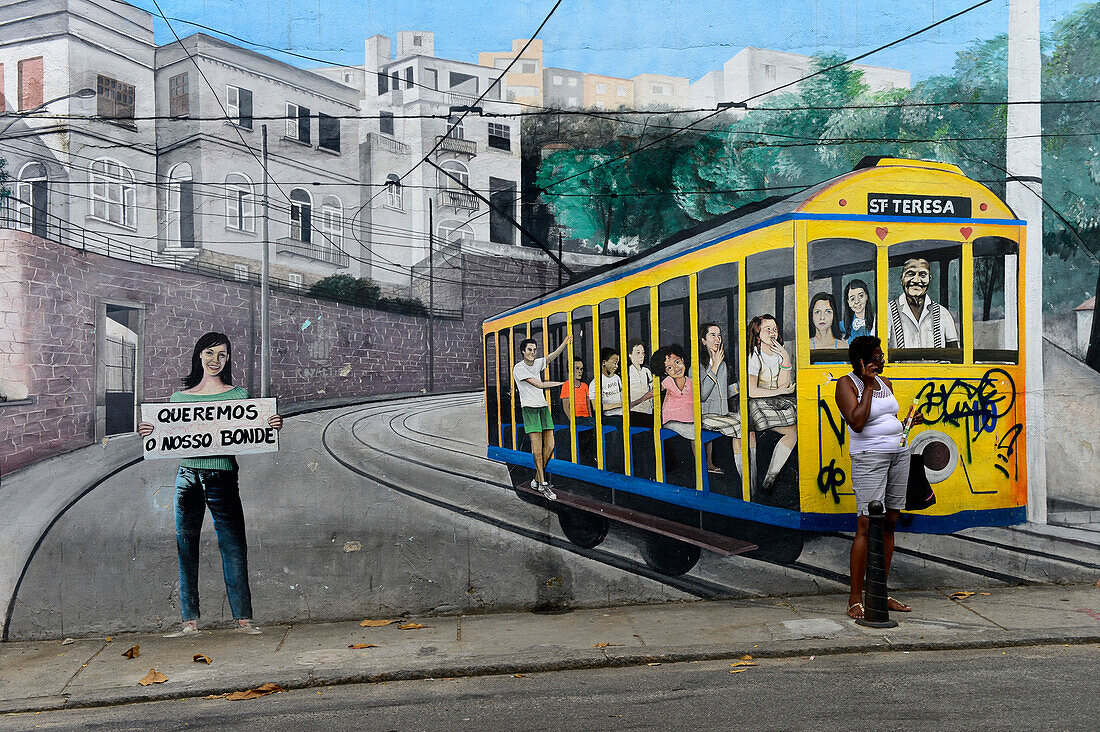 Wall painting on tram  in Santa Teresa, Rio de Janeiro ,Brazil, South America