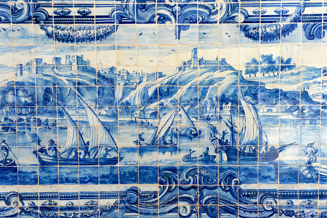 Panel in Blue-white tile (azulejo) in a cloister of Convent of Sao Francisco, Salvador da Bahia, the city of the Holy Saviour of the Bay of all Saints on the northeast coast of Brazil , South America