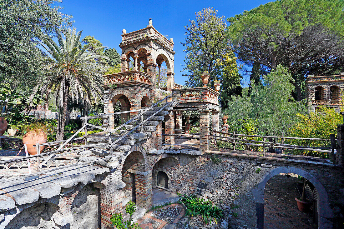 Italy, Sicily, Taormina, Villa Comunale public gardens, Old house