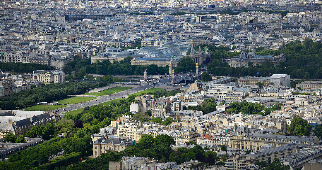 Europe, France, Paris, aerial view of the Esplanade des Invalides, The Grand Palais and the Petit Palais  in  background, The Alexander III bridge