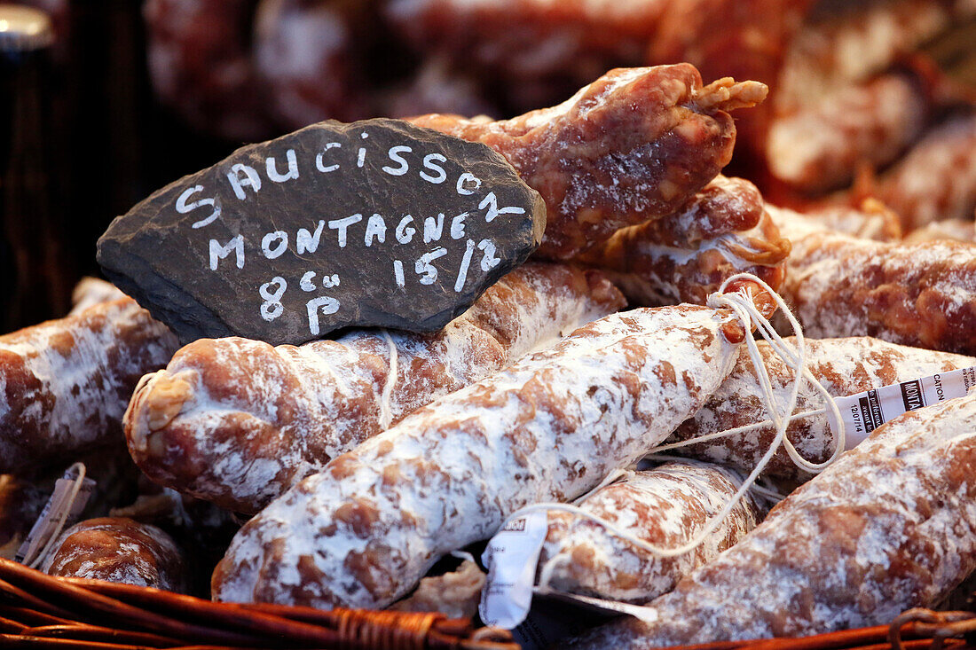 France,Seine et Marne, Fontenay Trésigny, Craft market, Close up of sausage mountain