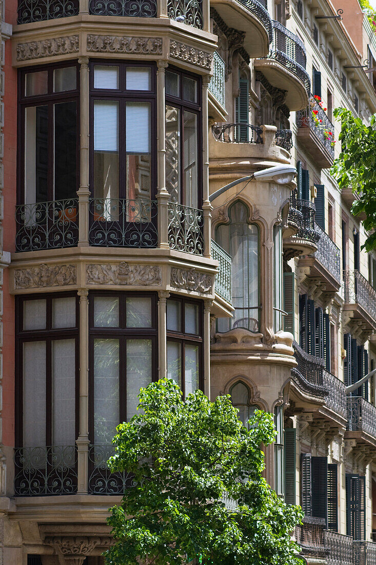 Spain, Catalonia, Barcelona, La Rambla de Catalunya, Façade of XIX bourgeois  buildings with bow-windows