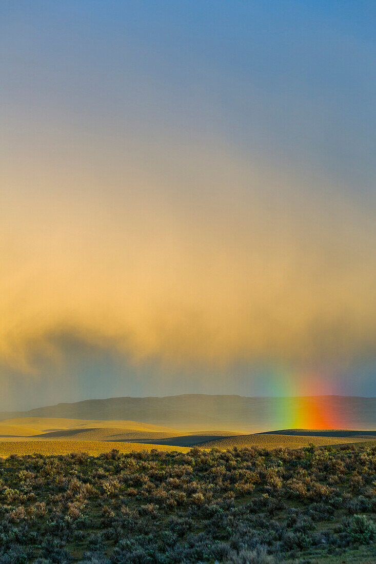 Rainbow and clouds over desert landscape