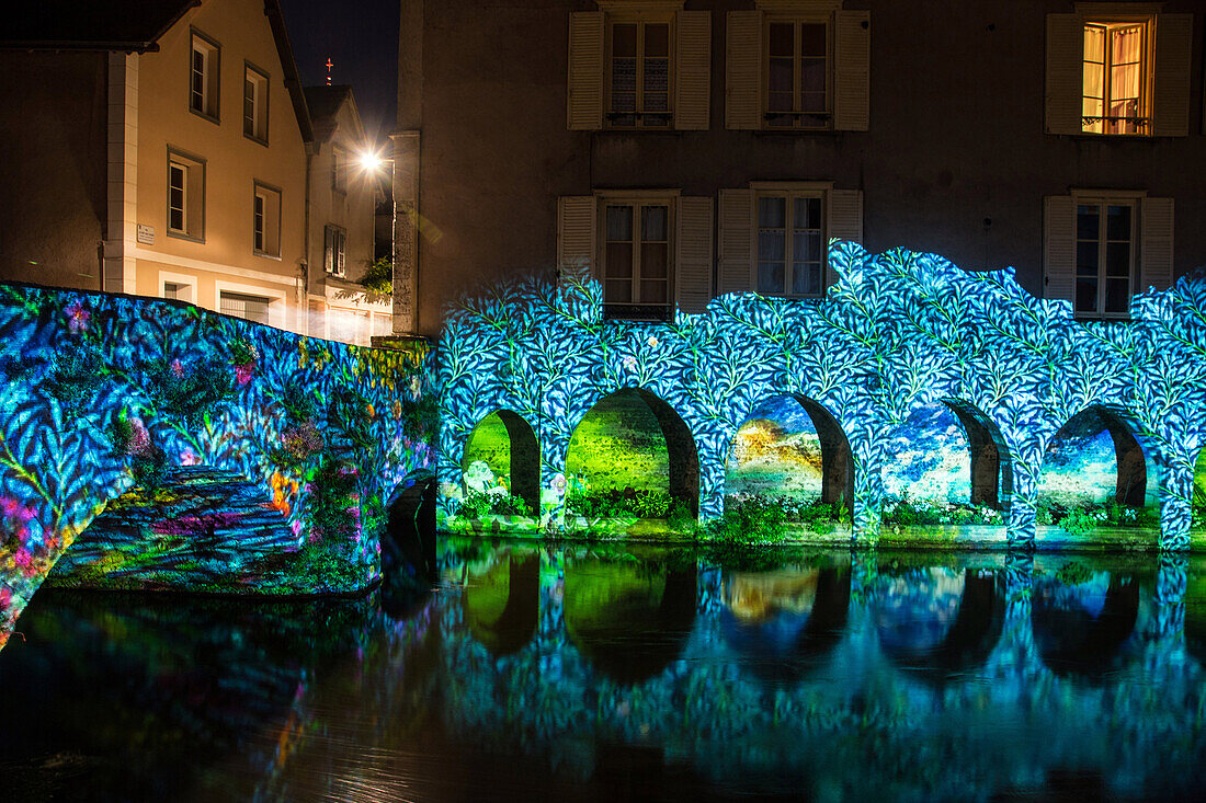 illumination of the washhouses along the eure river in the lower town, new scenography for the evening show 'chartres in lights', chartres, eure-et-loir (28), france