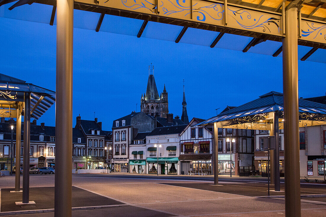 the market square at night, place boislandry, l'aigle (61), france