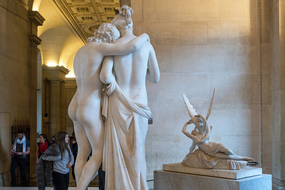 l'amour et psyche (1797) in the foreground and behind it, psyche ranimee par le baiser de l'amour (1777) by antonio canova, the hall of italian sculpture, museum of the louvre, paris (75), france