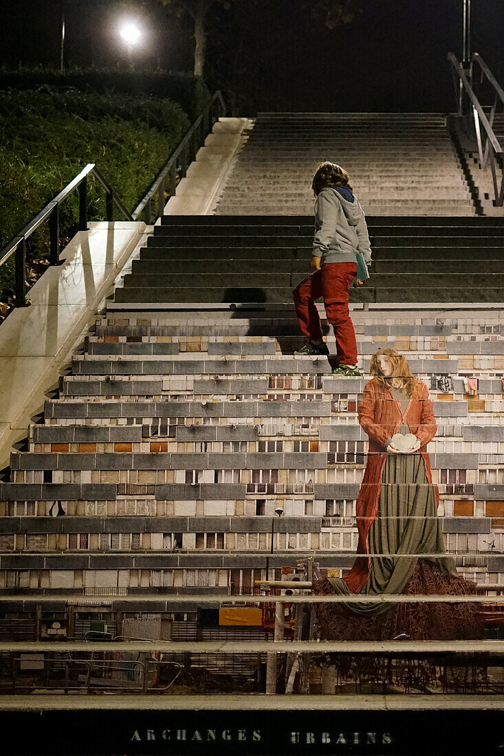 collage on a stairway, urban archangels, fnuit blanche festival, street art, paris, france