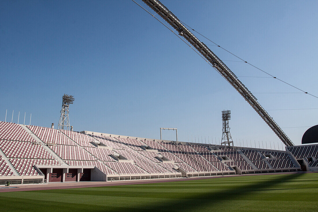 field and bleachers of the khalifa stadium, one of the stadiums that will host the football (soccer) world cup in 2022, aspire zone, doha, qatar, persian gulf, middle east