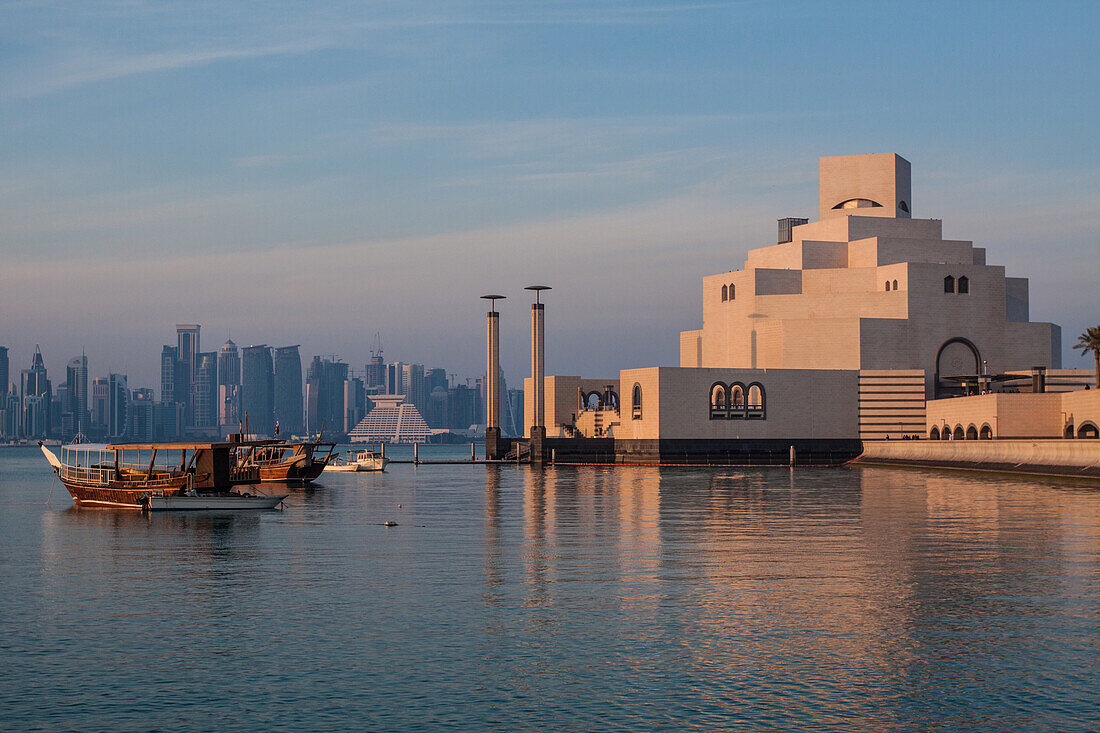 view of the museum of islamic art built by the architect ieoh ming pei, and of west bay and the skyline of the city center of doha, qatar, persian gulf, middle east