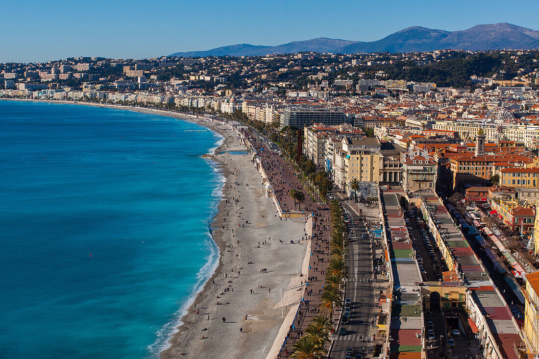 general view of nice and the mediterranean sea with the beach, the promenade des anglais and the flower market in the foreground, nice (06), alpes-maritimes, paca, riviera, france