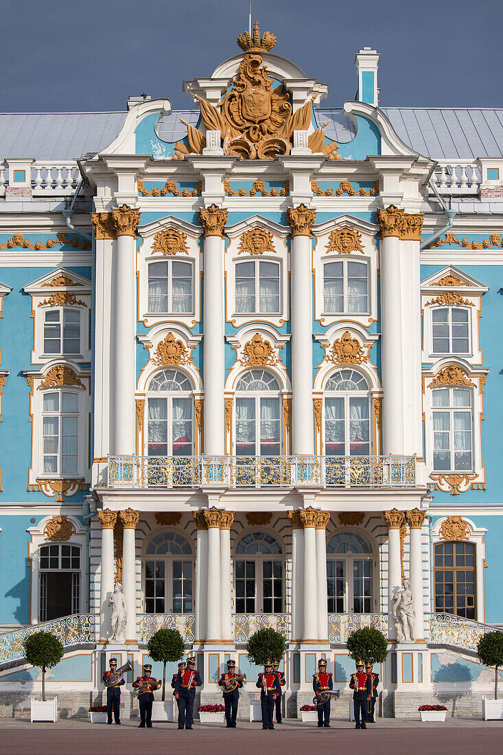 south facade of the catherine palace, tsarskoie selo, situated in pouchkine near saint petersburg, russia