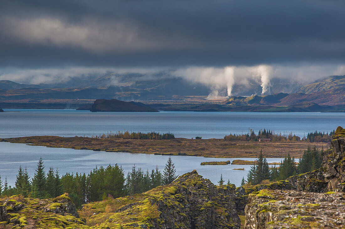 geothermal plant of nesjavellir seen from the thingvellir national park, site of the old parliament where the independence of iceland was proclaimed, listed as a world heritage site by unesco, a fault zone and active volcano zone, the golden circle, south