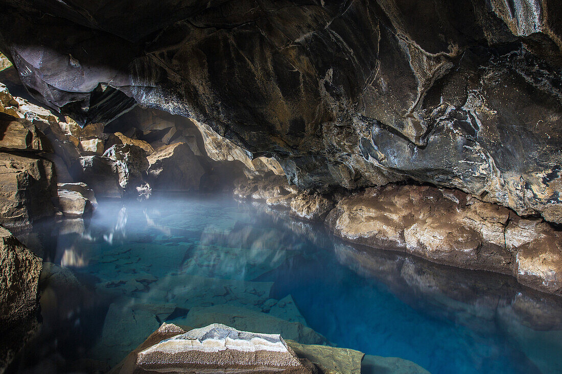 the grjotagja cave, nature reserve near myvatn lake, northern iceland in the region of the volcano krafla, iceland, europe